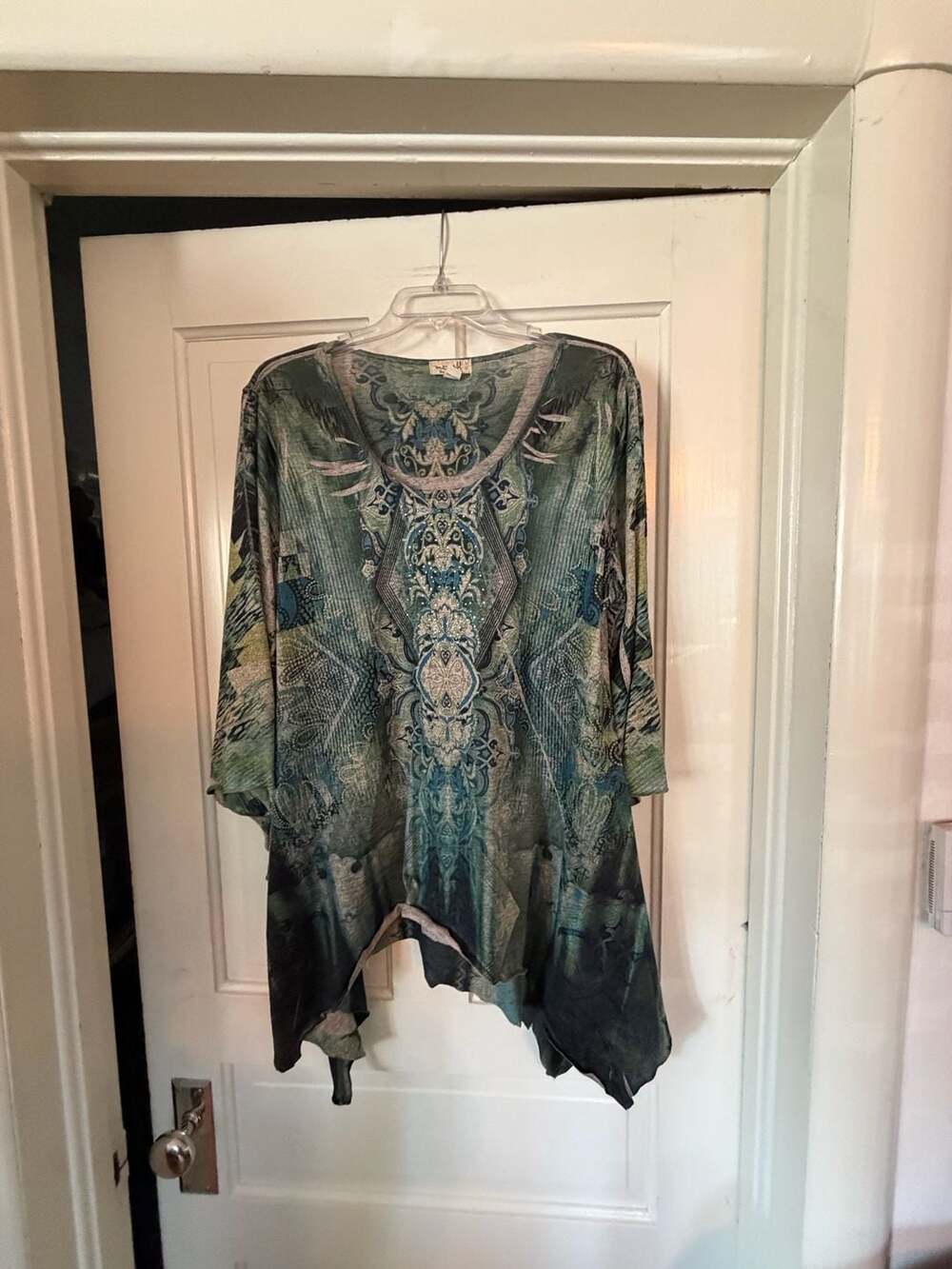 One World Live and Let Live Green Blue Asymmetric Fairycore Tunic Top Sz L